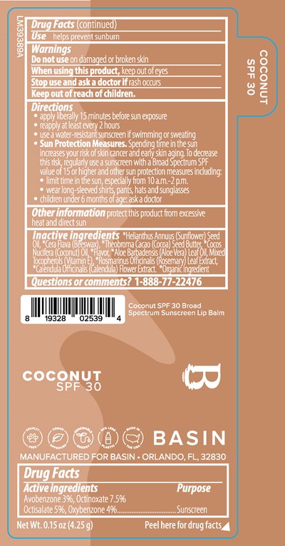 Basin Coconut Spf 30 Broad Spectrum Sunscreen Lip Balm 0.15 Oz Label (84603 172 01 Lm39389a Basin Coconut Spf 30 Broad Spectrum Sunscreen Lip Balm 2026 2 11 Ol Rev 1)